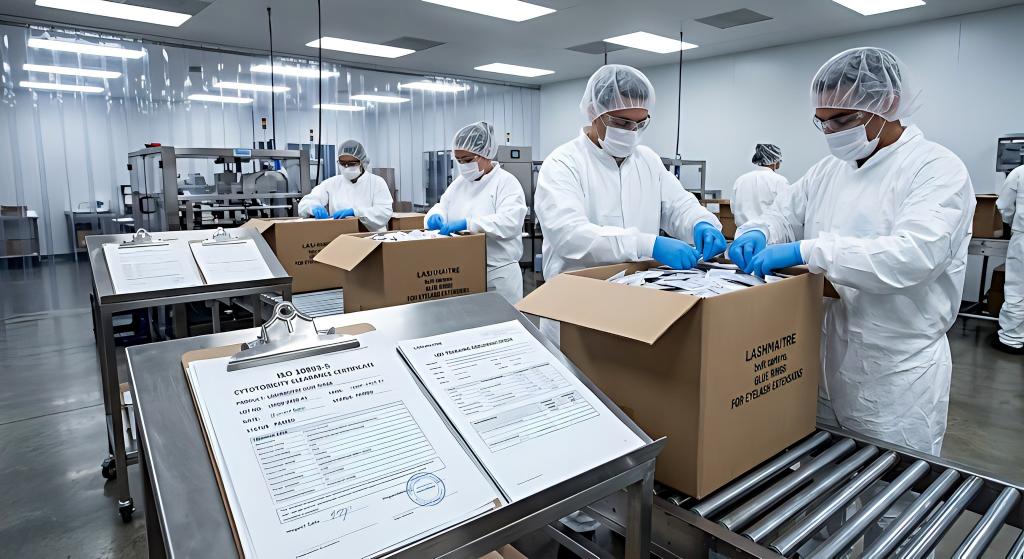 Documented clinical-grade production: LASHMAITRE workers in sterile gear pack bulk lash ring cartons, verified by the foreground ISO 10993-5 cytotoxicity clearance certificates.