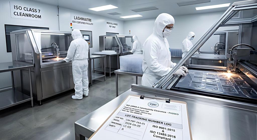 A wide-angle view inside a stark, industrial ISO Class 7 cleanroom at LASHMAITRE. Workers in sterile bio-hazard suits operate automated laser-cutters processing medical-grade PBT for wholesale lash boxes. A clipboard in the foreground shows ISO 10993-5 clearance and lot-tracking logs.