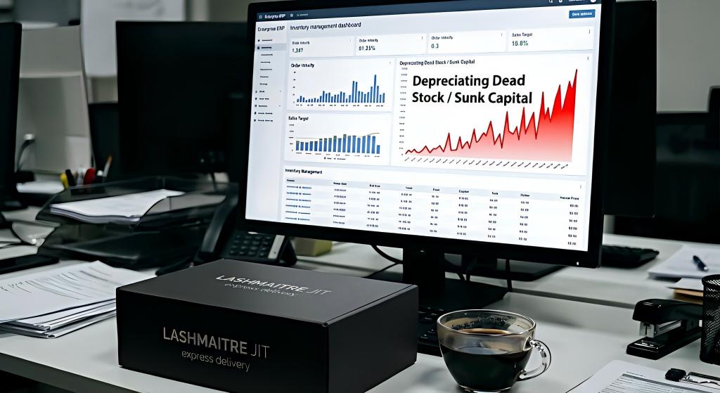 A realistic office photo with a corporate monitor showing a 'Depreciating Dead Stock / Sunk Capital' red spike chart, contrasting with a LASHMAITRE JIT express delivery box and coffee in the foreground,