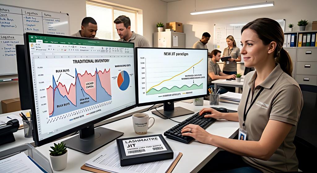 Logistics manager desk comparing a traditional bulk inventory graph with high peaks of locked capital to a smooth LASHMAITRE JIT inventory line that matches revenue.eyelash extensions saratoga ny