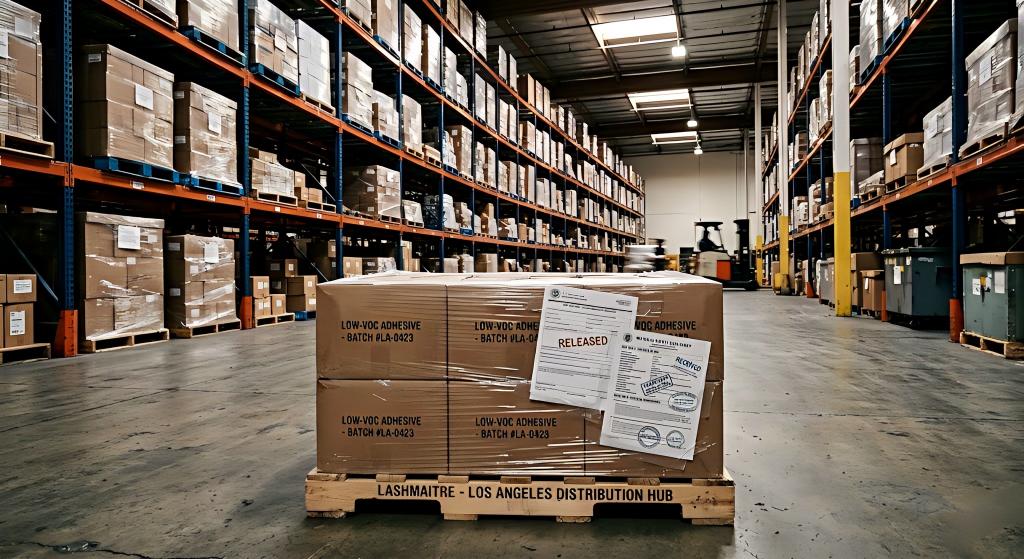 A raw, wide-angle photograph inside the LASHMAITRE Los Angeles fulfillment center showing an industrial racking system and a wooden pallet loaded with shrink-wrapped cartons of low-VOC adhesives, featuring official CBP clearance and MSDS documents taped to the side.