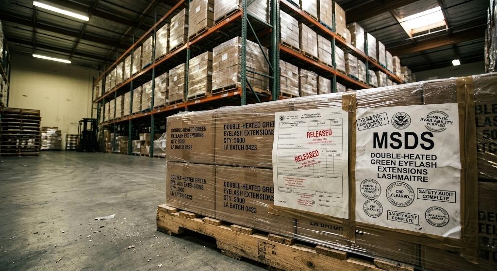 A wide-angle, raw photograph taken inside the LASHMAITRE Los Angeles fulfillment center. Focus is on heavy-duty industrial racking systems. In the foreground, a wooden pallet holds shrink-wrapped cartons of double-heated green eyelash extensions, displaying taped, official, red-stamped US Customs (CBP) clearance and heavily audited MSDS documentation.