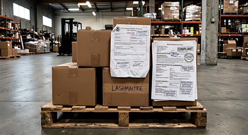 A raw photograph inside the LASHMAITRE Los Angeles fulfillment center featuring a wooden pallet of industrial cartons containing chemical liquids. A wrinkled US Customs and Border Protection (CBP) clearance document and stamped MSDS rest on top.
