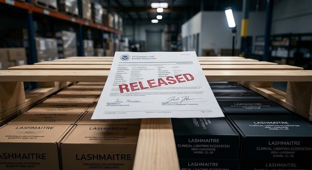 A cinematic macro view of an official US Customs and Border Protection (CBP) clearance document with a red "RELEASED" stamp. The document sits on a wooden pallet loaded with LASHMAITRE custom wholesale lash boxes and OEM clinical lighting hardware inside the Los Angeles distribution hub.