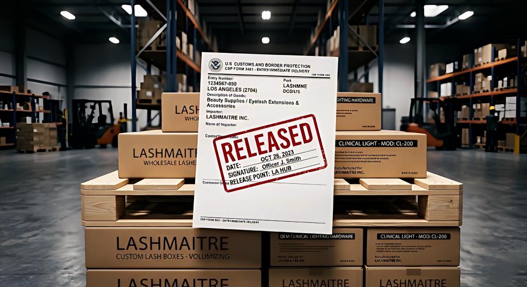 A cinematic macro photograph capturing an official US Customs and Border Protection (CBP) document clearly stamped "RELEASED" in red ink. The document is resting atop a pristine wooden pallet stacked with custom LASHMAITRE wholesale lash boxes and OEM branded clinical lighting hardware boxes inside the LASHMAITRE Los Angeles fulfillment center (LA Hub).