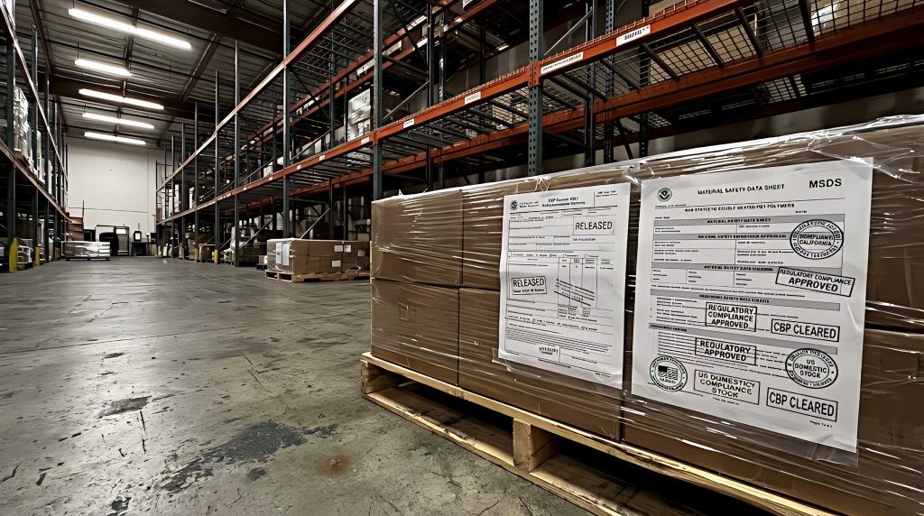 A raw, unedited wide-angle photograph inside the LASHMAITRE Los Angeles fulfillment center. In the foreground, a wooden pallet holding shrink-wrapped cartons of synthetic double-heated PBT polymers features wrinkled, official US Customs (CBP) clearance and heavily stamped MSDS documents. A massive industrial racking system fills the background under realistic warehouse lighting.
