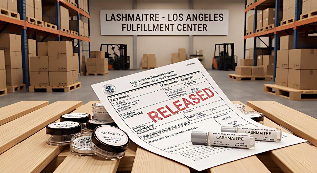 A macro photograph focuses on an official US Customs and Border Protection (CBP) clearance document stamped "RELEASED" resting on wooden pallets. Jars of LASHMAITRE double-heated volume lashes and vials of medical-grade adhesive are visible nearby, all inside the branded Los Angeles fulfillment center.