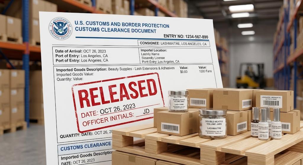 A detailed macro photograph capturing an official US Customs and Border Protection (CBP) clearance document stamped "RELEASED" in large red letters. The document is placed atop a pristine wooden pallet holding jars of double-heated volume lashes and bottles of medical-grade adhesives within the LASHMAITRE Los Angeles fulfillment center.