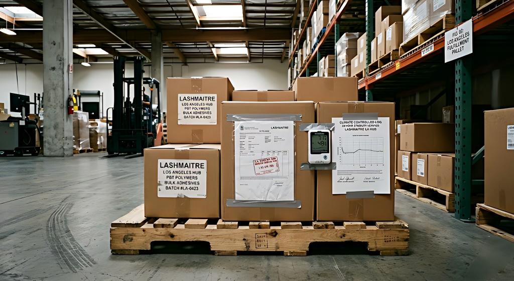 A raw, unedited documentary photograph taken inside the high-ceilinged LASHMAITRE Los Angeles fulfillment center. A heavy-duty wooden pallet rests on the concrete floor, loaded with brown cardboard boxes of differing sizes. Several boxes are marked with functional 'LASHMAITRE' text, 'LOS ANGELES HUB', 'PBT POLYMERS', and technical data. A clear sleeve contains a wrinkled manifest where a official worn U.S. CUSTOMS AND BORDER PROTECTION 'RELEASED' stamp with red ink and date text: 'CBP RELEASED / LAX / 04 APR 2026' is clearly visible. Taped next to it is a small, functional digital climate data logger showing current reading '71°F / 48% RH' and small graphs, alongside a printed paper log next to it showing a clear chart and text 'CLIMATE CONTROLLED LOG / 24-HOUR STABILITY VERIFIED / LASHMAITRE LA HUB' and verified signatures. In the background, a massive industrial racking system is filled with other pallets and a forklift operates blurred further down an aisle. A small tag on a post reads 'FIG. 03: LOS ANGELES FULFILLMENT PALLET'.