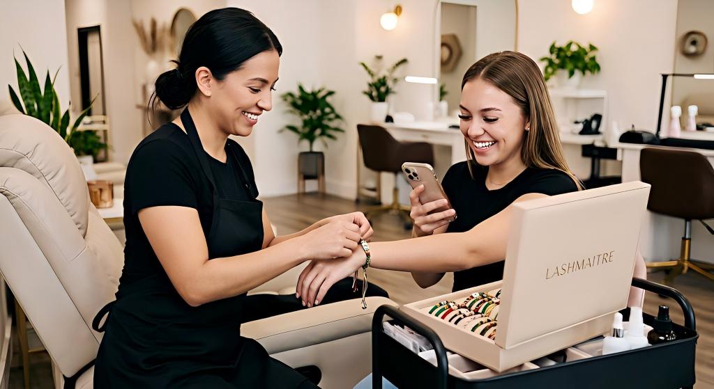 A smiling lash technician gently ties a beautifully woven Five Elements Lucky Bracelet onto a client's wrist after a service. The client has flawless, natural-looking eyelash extensions and is smiling broadly, holding her phone to take a picture. A LASHMAITRE tray box is visible. This illustrates the personalized care associated with professional eyelash extensions pleasanton ca.