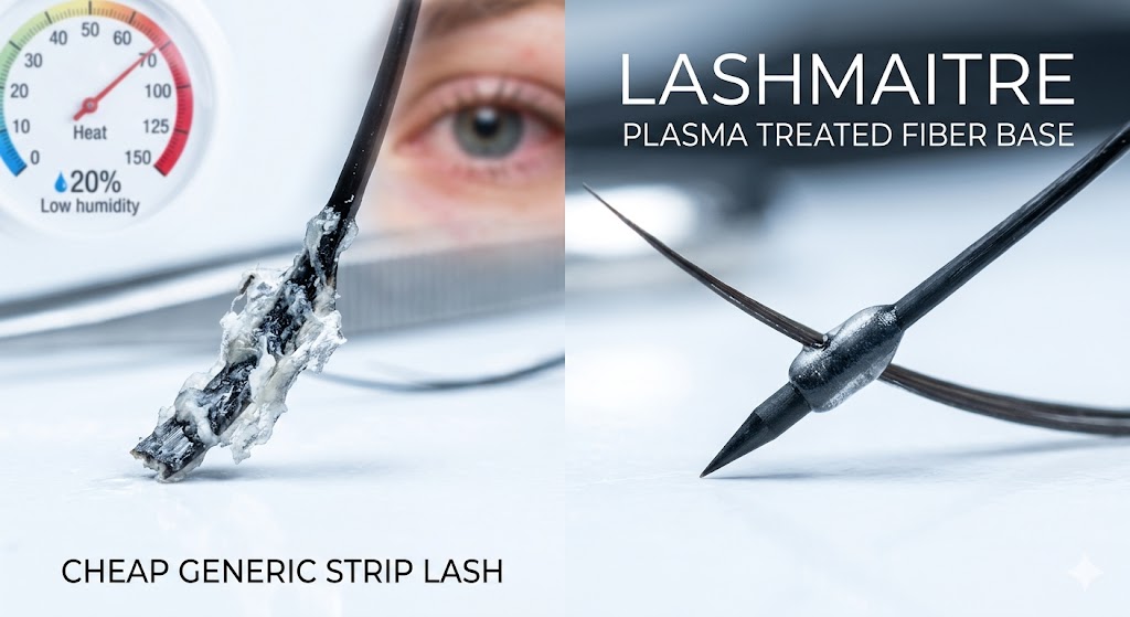 **A macro photo comparison graphic for Eyelash Extensions Grand Rapids MI, contrasting a caked generic lash base (left) with a clean, plasma-treated LASHMAITRE fiber (right) under low humidity and clinical details.**
