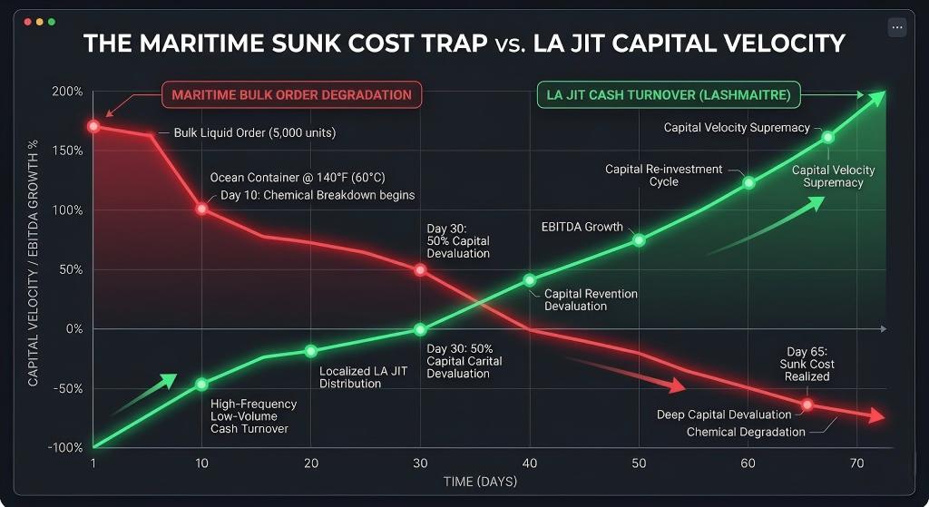 A sleek, high-contrast UI graph comparing the severe financial loss of bulk maritime shipping (plummeting red line) due to chemical degradation, against the rapid EBITDA growth of LASHMAITRE's LA JIT distribution (surging green line) through high-frequency cash turnover.