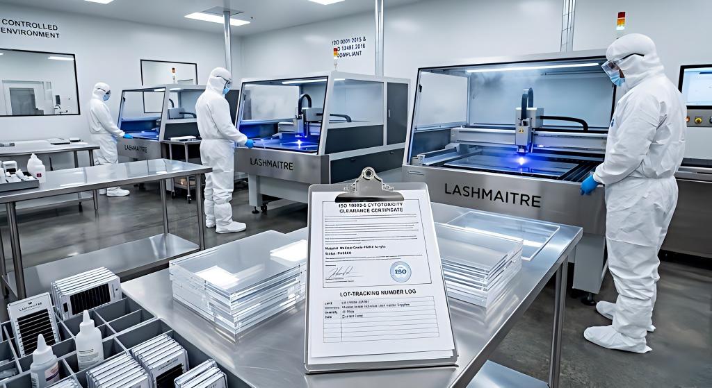 Sterile LASHMAITRE workers using automated laser-cutters to manufacture PMMA acrylic workstations in an ISO-certified clean-room, featuring ISO 10993-5 documentation in the foreground.