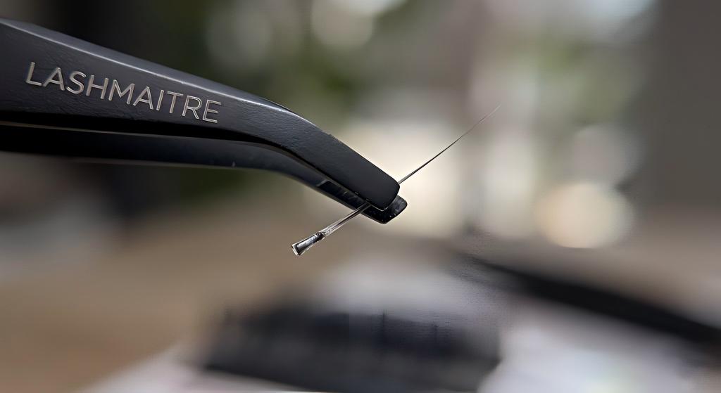 A hyper-macro photography shot showing a matte black surgical-grade tweezer isolating a single LASHMAITRE individual lash. The extreme close-up highlights the nano-tapered tip and a clean, micro-sealed base with zero glue residue, showcasing the advanced polymer technology that provides 30% better retention for eyelash extensions helena mt.