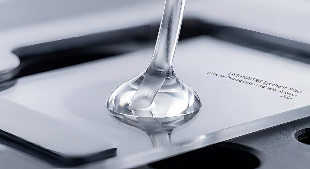 200x macro laboratory view of a LASHMAITRE synthetic lash base showing a flawless, transparent cyanoacrylate adhesive bond without micro-bubbles.