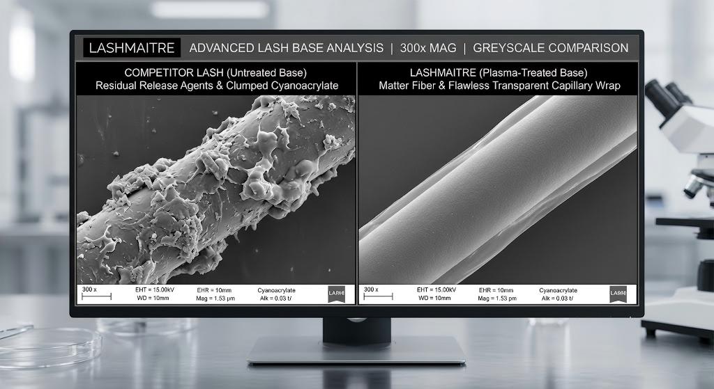 300x magnification Scanning Electron Microscope (SEM) split-screen comparison showing the messy, residue-covered untreated base of a competitor's synthetic lash (left) versus the clean, matte, flawlessly wrapped plasma-treated base of a LASHMAITRE synthetic lash (right).
