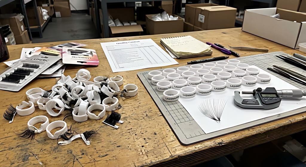 Comparison on a QC desk showing damaged generic glue rings next to flawless LASHMAITRE rings, a micrometer, and a perfect 10D lash fan.