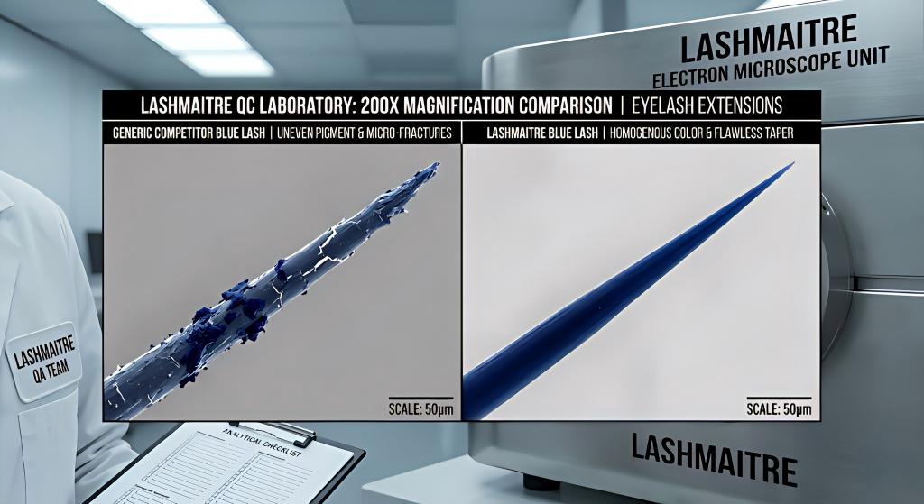 Split-screen macro-lens comparison at 200x magnification showing the LASHMAITRE lash extension fiber with homogenous blue color and a smooth, tapered tip, sharply contrasting with a generic competitor's fiber showing jagged pigment clumping and micro-fractures inside a quality assurance lab.