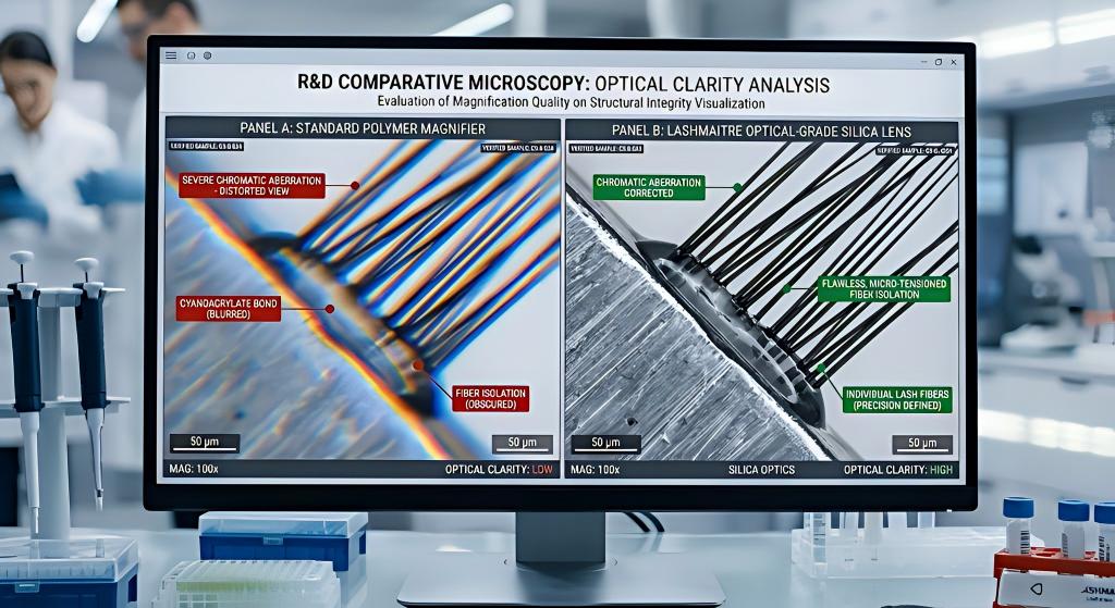A highly technical, dual-pane microscopic comparison in an R&D lab: Panel A shows severe chromatic aberration from a generic plastic magnifier distorting a cyanoacrylate bond; Panel B demonstrates LASHMAITRE's optical-grade silica lens revealing a flawless, micro-tensioned fiber isolation.