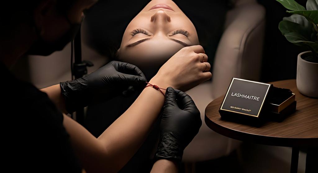 A cinematic close-up in low light shows a gloved lash artist delicately tying a LASHMAITRE red energy bracelet onto a client's wrist, following a session for pristine, beautiful eyelash extensions in Helena MT, with premium LASHMAITRE packaging visible.