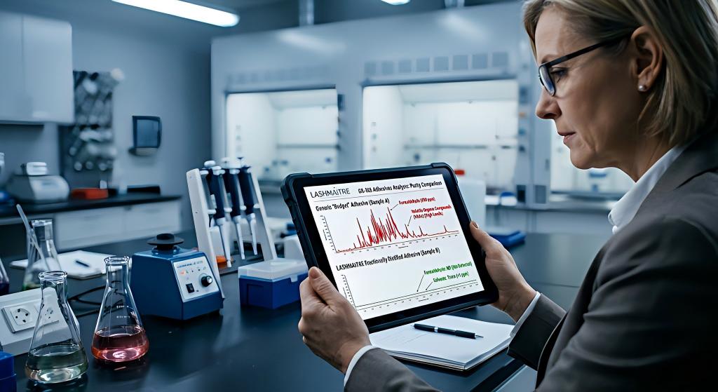 GC-MS readout on a laboratory tablet comparing generic adhesive spikes with LASHMAITRE’s flat green baseline.