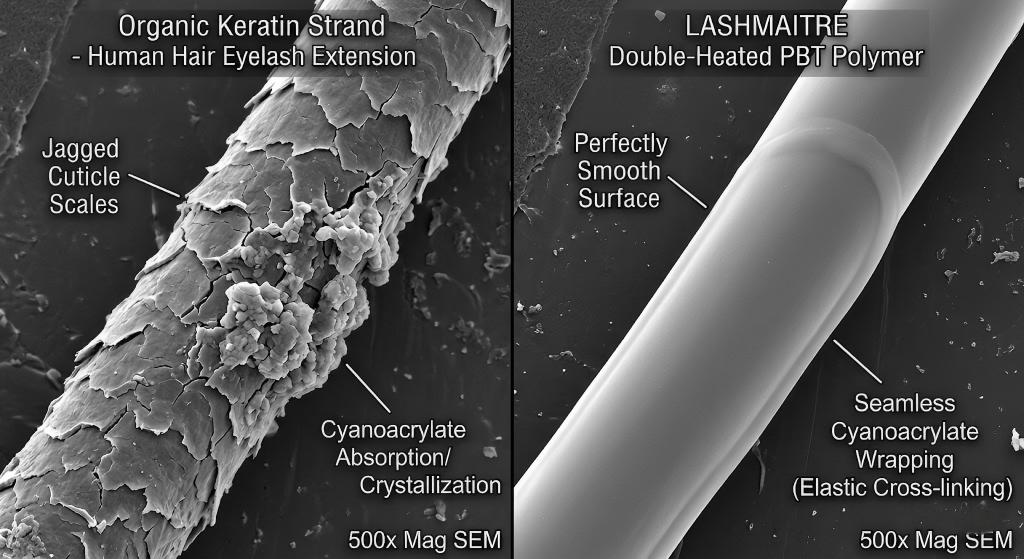 A high-magnification split-screen comparison under a scanning electron microscope (SEM) showing contrasting eyelash extension materials at 500x. The left side (Organic Keratin) displays jagged, overlapping cuticle scales with erratic crystallized adhesive. The right side (LASHMAITRE Double-Heated PBT) reveals a perfectly smooth, engineered synthetic surface flawlessly wrapped by fractionally distilled cyanoacrylate, demonstrating cohesive elastic polymer cross-linking without structural degradation.