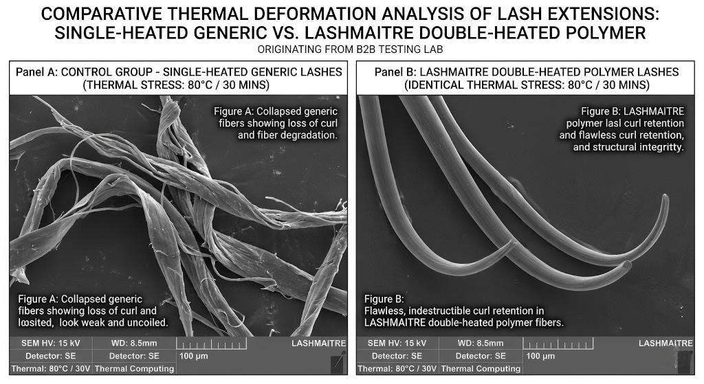 A technical, dual-pane high-magnification scanning electron microscope (SEM) image from a B2B testing lab. Panel A displays a generic, single-heated loose fan collapsing under thermal stress (80°C/30 mins). Panel B demonstrates the flawless, indestructible curl retention and structural integrity of a LASHMAITRE double-heated polymer lash.