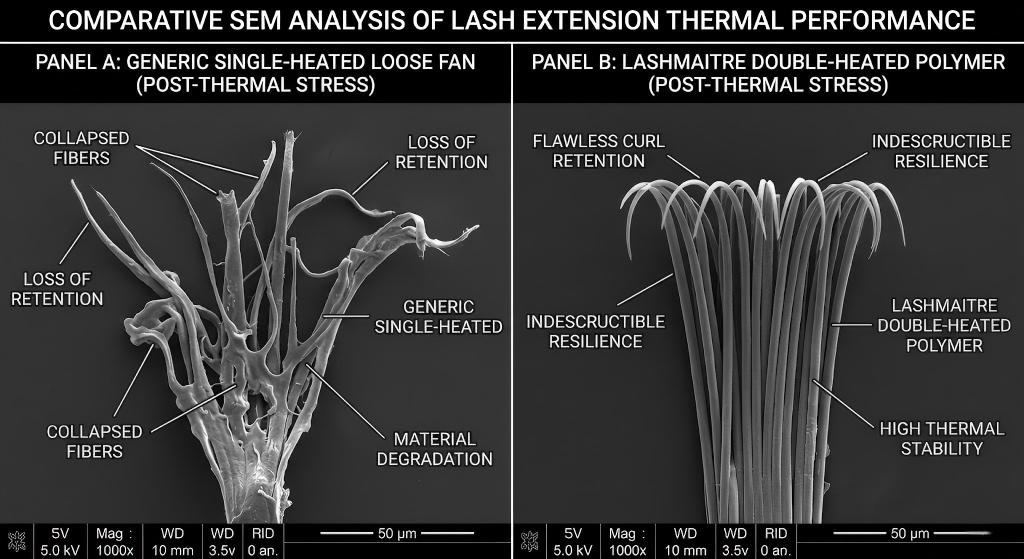 A technical, dual-pane scanning electron microscope (SEM) micrograph from a testing lab. Panel A shows generic, single-heated loose fan eyelash fibers collapsing under thermal stress (80°C/30 mins), displaying lost curl and degradation. Panel B demonstrates LASHMAITRE double-heated polymer fibers maintaining flawless, indestructible curl retention and structural integrity under identical thermal stress conditions.