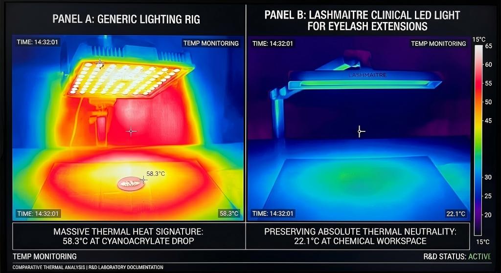 A high-contrast, dual-pane thermal imaging display from an R&D laboratory. Panel A shows a generic LED lighting rig emitting a massive red thermal heat signature (58.3°C) onto a cyanoacrylate adhesive drop. Panel B demonstrates LASHMAITRE's true clinical LED light for eyelash extensions preserving absolute thermal neutrality (22.1°C) at the same chemical workspace.