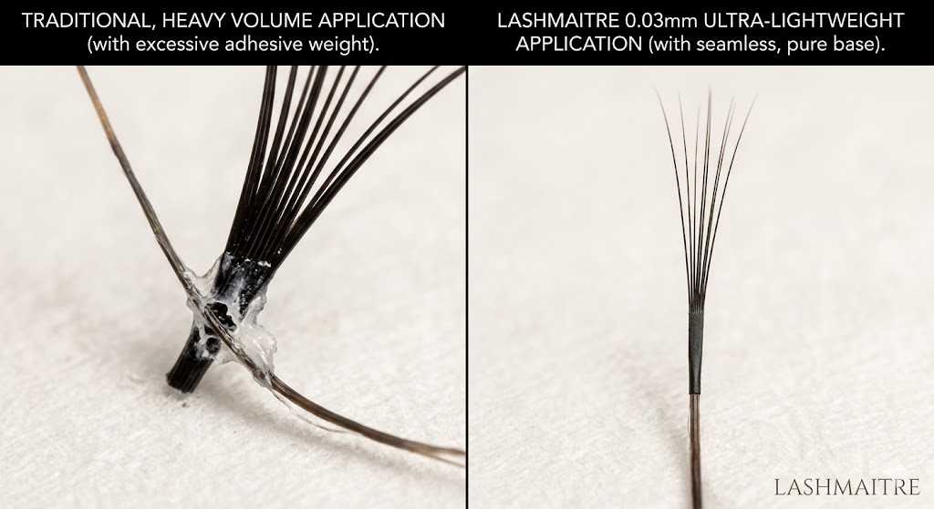 Macro-photography side-by-side comparison. Left panel shows traditional, heavy eyelash extension fans damaging thinning natural lashes with excessive glue weight. Right panel showcases LASHMAITRE ultra-lightweight 0.03mm eyelash extensions for sparse lashes with a plasma-treated base, creating a clean capillary bond without any weight burden.