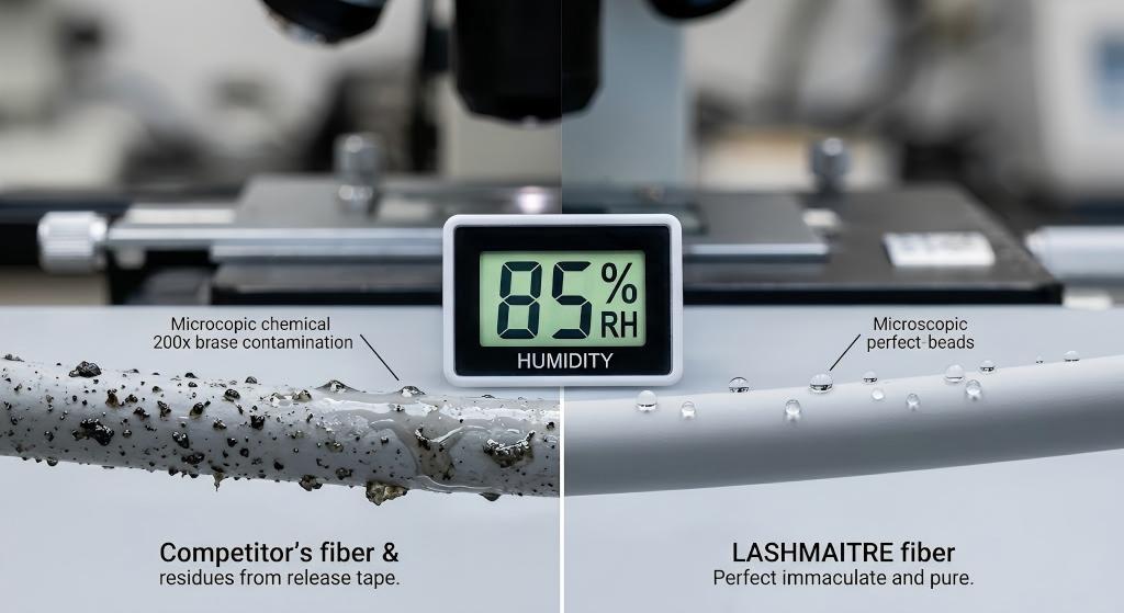 A split-screen 200x microscope photograph taken in the LASHMAITRE US QC lab. On the left, a competitor's contaminated grey fiber is visibly covered in irregular chemical tape residues. On the right, a clean, smooth LASHMAITRE grey fiber, treated with atmospheric plasma, is perfectly pure and covered in perfect, spherical water beads. Spherical water beads on the right demonstrate hydrophobic integrity. A digital hygrometer in the center reads "85% RH" relative humidity. The entire scene is set under a large laboratory microscope.