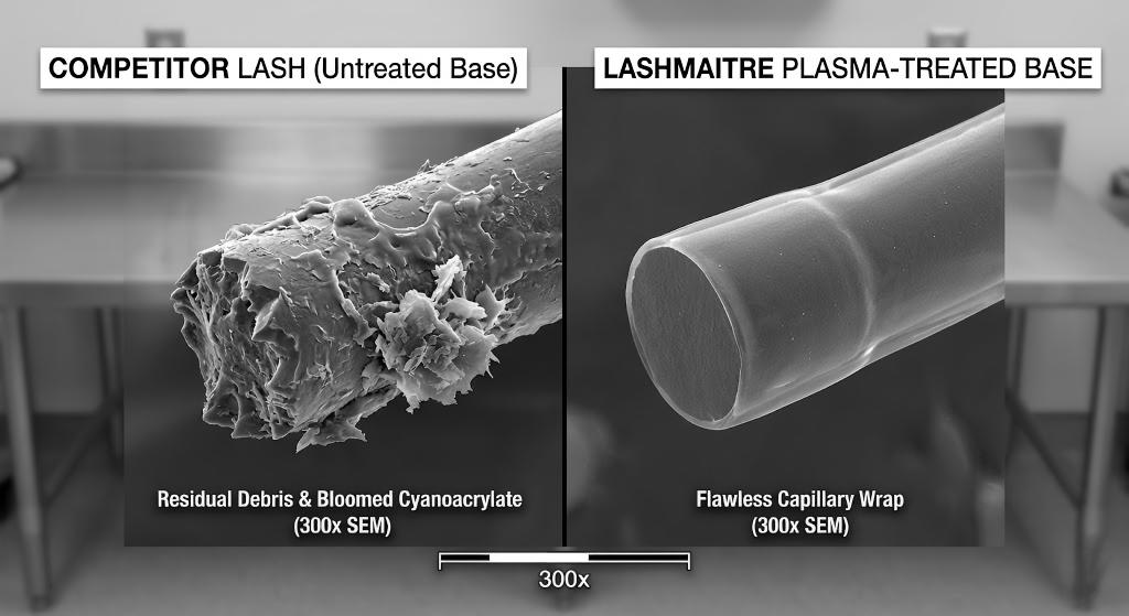 A 300x scanning electron microscope (SEM) split-screen comparison showing why professionals providing eyelash extensions rancho cucamonga prefer LASHMAITRE. The left shows a competitor's lash base contaminated with residual debris and clumped, bloomed cyanoacrylate. The right reveals LASHMAITRE's plasma-treated base with a flawless, transparent capillary wrap of medical-grade adhesive.