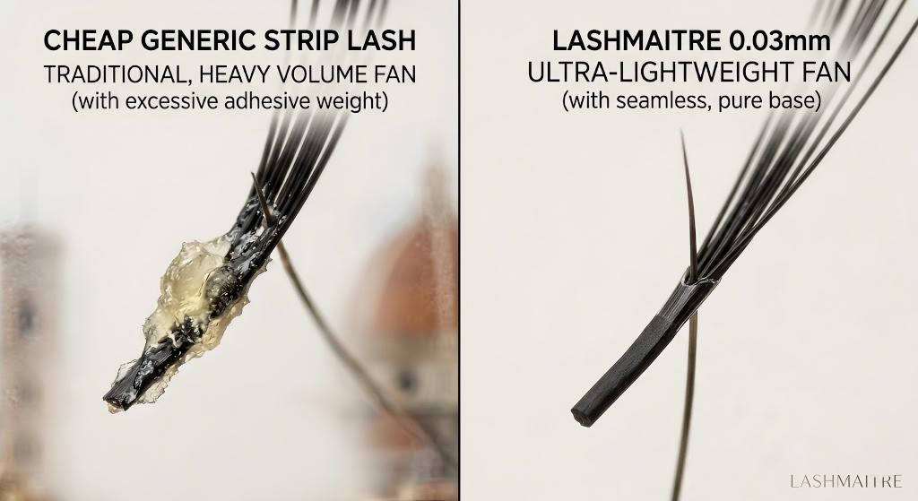 Magnified 200x view highlighting the critical difference in lash bases: the common failure point for generic lashes (left) versus LASHMAITRE’s superior bonding surface (right).