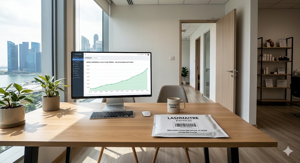A clean salon back-office desk with a coffee cup and a newly delivered LASHMAITRE express package. The computer screen shows rising cash flow on the booking software. By ditching bulk inventory, salon owners offering eyelash extensions pleasanton ca can enjoy more physical space and a healthier bottom line.