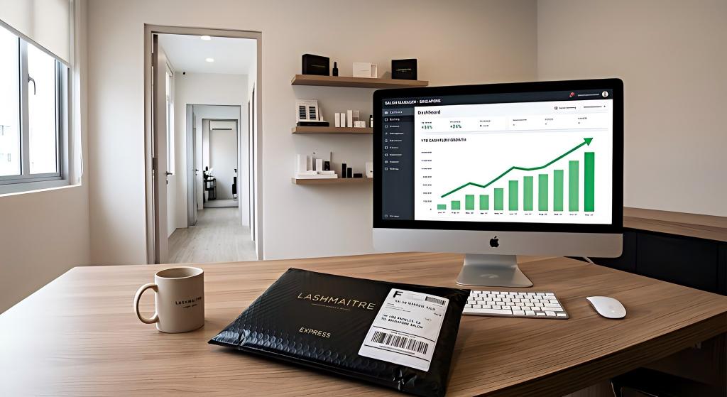 A clean salon back-office desk featuring a coffee cup and a sleek LASHMAITRE express package from Los Angeles. The computer displays a rising cash flow trend, illustrating practical inventory management for an eyelash extensions pleasanton ca business without the clutter of bulk stock.