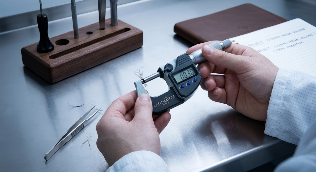 Close-up of a LASHMAITRE B2B factory engineer using a digital micrometer to precisely measure ultra-fine 0.03mm individual mega-volume fibers, ensuring flawless quality for luxury private label brands supplying premium eyelash extensions bel air.