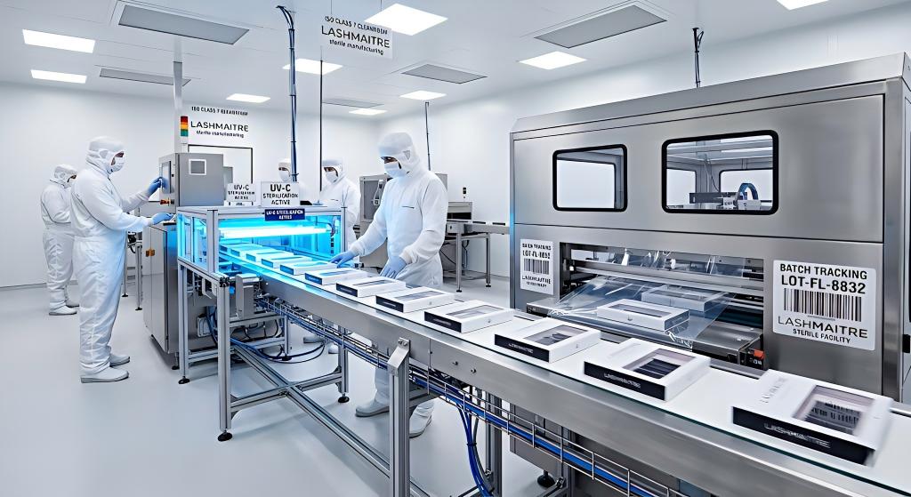 Automated processing line in a sterile cleanroom; lash trays pass under brilliant blue UV-C lights before entering a sealing machine.
