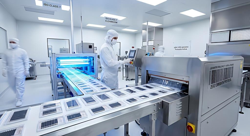 Cleanroom technicians in anti-static suits monitor an automated conveyor belt moving premium lash trays through blue UV-C sterilization and hermetic sealing.