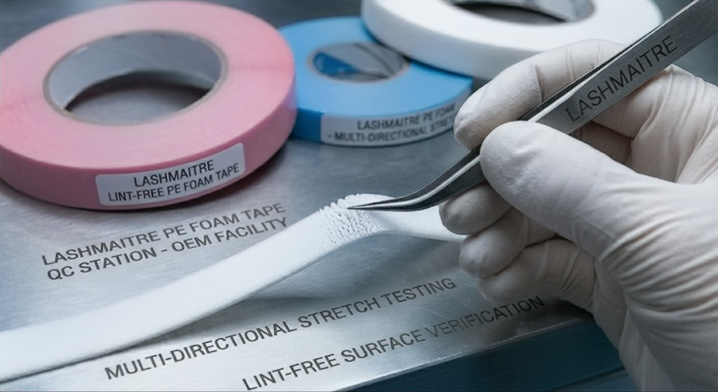 Macro view of a factory technician performing a multi-directional stretch and lint-free surface test on white PE foam eyelash extension tape during a quality control inspection.
