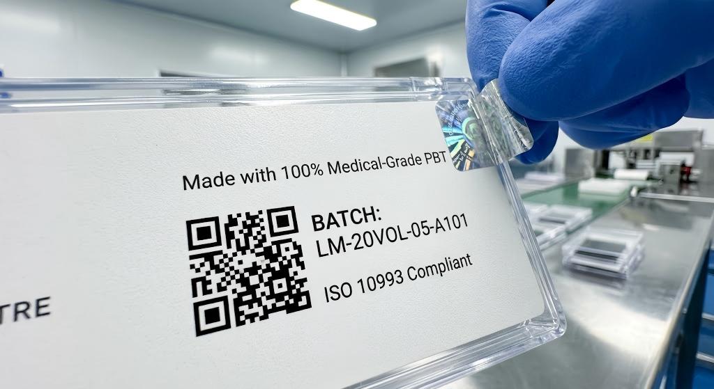 A clinical extreme close-up shot of a LASHMAITRE lash tray back label against a sterile packing line background. A hand in a blue nitrile glove meticulously applies a tamper-evident holographic seal. Sharp focus communicates regulatory safety, highlighting a scannable QR code, a distinct manufacturing batch number, and text reading "Made with 100% Medical-Grade PBT" and "ISO 10993 Compliant."
