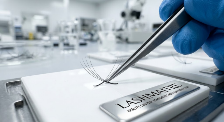 A LASHMAITRE factory quality control engineer using precision surgical tweezers to inspect the needle-sharp, heat-bonded base of 4d eyelash extension fans on a sterile white testing tile.