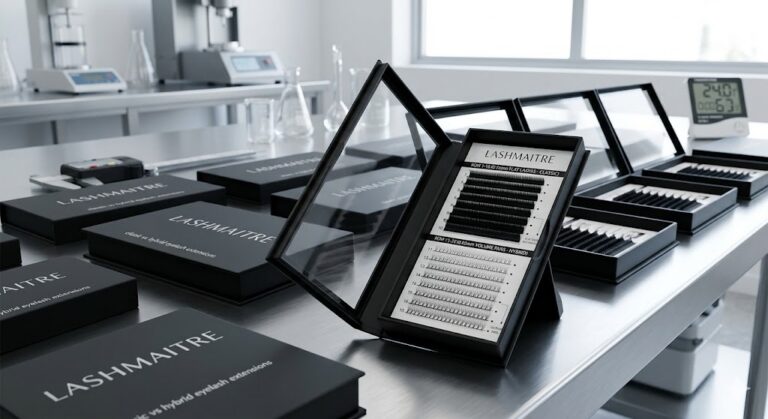Premium LASHMAITRE bespoke magnetic lash boxes showcasing mixed internal tray cards that combine 0.15mm flat lash rows and 0.05mm volume fans, specifically designed for classic vs hybrid eyelash extensions.