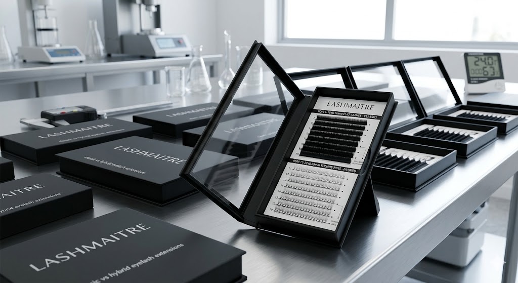 Premium LASHMAITRE bespoke magnetic lash boxes showcasing mixed internal tray cards that combine 0.15mm flat lash rows and 0.05mm volume fans, specifically designed for classic vs hybrid eyelash extensions.