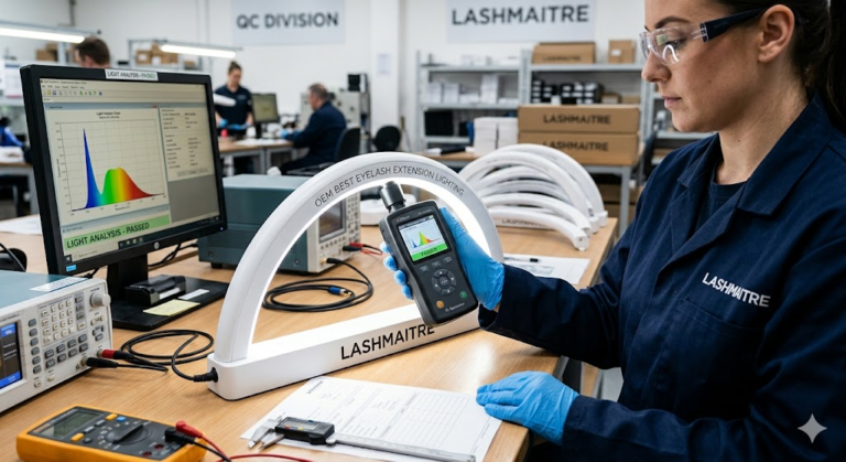 A LASHMAITRE quality control engineer, wearing nitrile gloves and safety glasses, uses a sophisticated handheld spectrometer to perform a detailed light analysis on an OEM half-moon LED lash lamp. This precise factory bench inspection verifies the flicker rate and color temperature to ensure the product qualifies as the best eyelash extension lighting for professional lash artists. The LASHMAITRE brand logo is clearly visible on the base and engraved on the lamp arc.