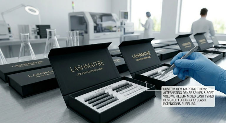 A row of LASHMAITRE bespoke magnetic lash boxes with minimalist foil branding, showcasing custom OEM tray cards that alternate between dense lash spikes and soft volume fans for creating professional anna eyelash extensions.