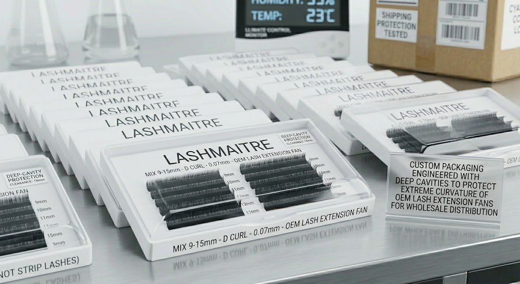 Close-up of LASHMAITRE professional B2B lash trays featuring 12 precise rows of individual volume fans. The custom deep-cavity acrylic packaging is designed specifically to protect the extreme curvature of an eyelash extension fan d curl during global wholesale shipping.