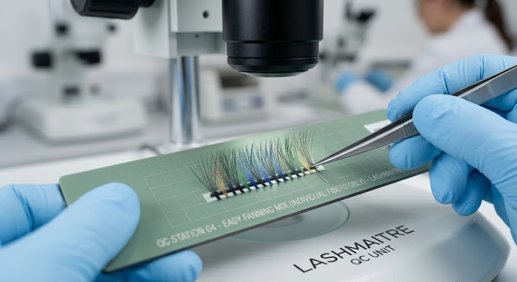 Macro photography of a B2B quality control engineer inspecting the double-layered base alignment of a premium easy fanning eyelash extensions mix on a low-tack magnetic strip, ensuring individual fiber precision for high-end private label manufacturing.