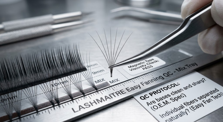 Extreme macro view of a B2B factory technician using surgical tweezers to lift a perfectly symmetrical fan from the low-tack magnetic strip of our premium easy fanning eyelash extensions mix, demonstrating sharp bases and natural individual fiber separation without chunky glue residue.