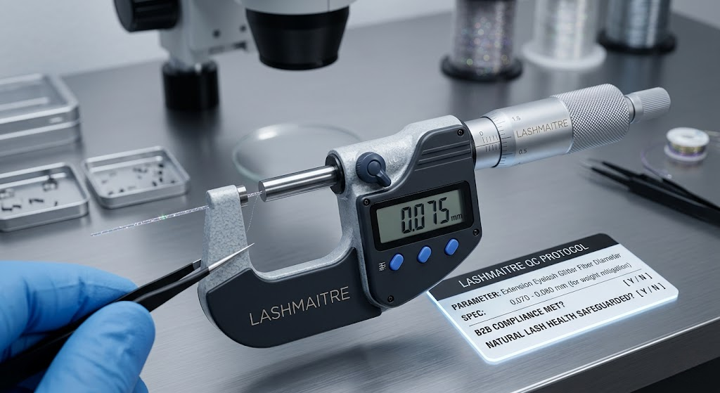 Professional quality control using a digital micrometer to measure the precise diameter of an extension eyelash glitter fiber, ensuring B2B compliance and weight-safety for OEM lash manufacturing.