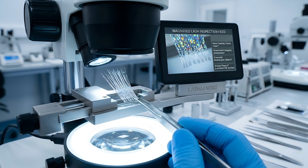 A professional B2B quality control technician using high-lumen magnification to inspect the precision-bonded holographic extension eyelash glitter fibers, ensuring clean and uncoated bases for superior adhesive retention and salon-grade performance.